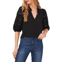 Flash Sale π VINCE CAMUTO Lace Sleeve Split Neck Blouse Rich Black π