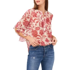 New 🌟 VINCE CAMUTO Floral Print Flutter Sleeve Top Light Birch 👏