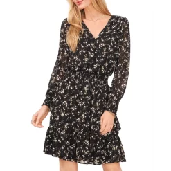 Best deal 💯 VINCE CAMUTO V Neck Floral Print 👗 Dress Rich Black 😉