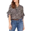 Discount 🛒 VINCE CAMUTO Printed Ruffled Sleeve Henley Top Rich Black 🎉