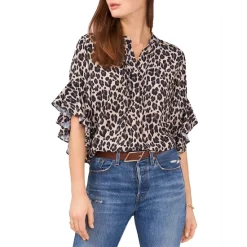 Discount π VINCE CAMUTO Printed Ruffled Sleeve Henley Top Rich Black π