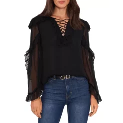 Promo β€οΈ VINCE CAMUTO Ruffled Lace Up Neck Top Rich Black π
