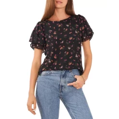 Hot Sale π VINCE CAMUTO Floral Print Flutter Sleeve Top Rich Black π§¨