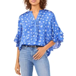 New ⌛ VINCE CAMUTO Floral Flutter Sleeve Top Deep Azure ✨
