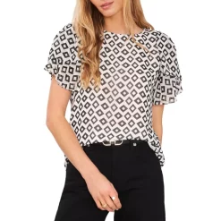 Top 10 🤩 VINCE CAMUTO Geometric Print Flutter Sleeve Top New Ivory 💯