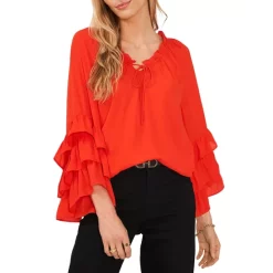 Coupon 🥰 VINCE CAMUTO Ruffled Flare Sleeve Split Neck Top Radiant Orange ⭐
