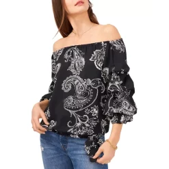 Hot Sale π₯° VINCE CAMUTO Paisley Print Bubble Sleeve Off-the-Shoulder Top Rich Black π