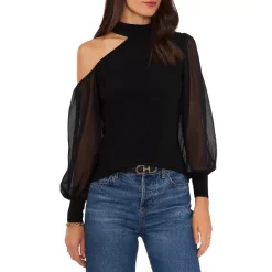 Flash Sale 👏 VINCE CAMUTO Mock Neck Cut Out Shoulder Top Rich Black 🔥